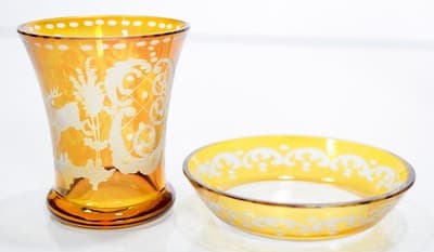 Antique Bohemian Amber Glass Cut To Clear Goblet w/ Serving Dish - Thumbnail 5