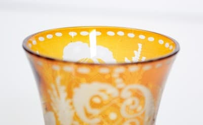 Antique Bohemian Amber Glass Cut To Clear Goblet w/ Serving Dish - Thumbnail 3
