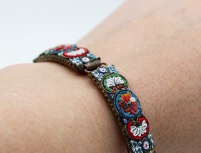 Vintage Micro Mosaic Italy Multicolor Floral Millefiori Handmade Panel Bracelet - Thumbnail 2