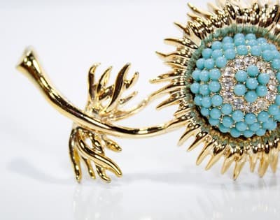 Vintage Goldtone Faux Turquoise Rhinestone Pave Floral Statement Pin Brooch - Thumbnail 3