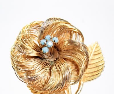 Vintage Gold Tone Wire Wrap Blue Turquoise Flower Statement Pin Brooch - Thumbnail 5