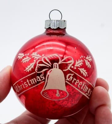 Shiny Brite Stencil Christmas Greetings Holly Bell Glass Red Ornament Vintage - Thumbnail 2