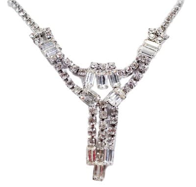 Vintage Rhinestone Faceted Emerald Cut Silvertone Pendant Necklace - Image 1
