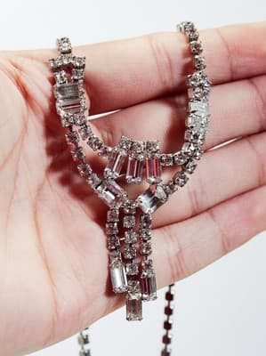 Vintage Rhinestone Faceted Emerald Cut Silvertone Pendant Necklace - Thumbnail 5