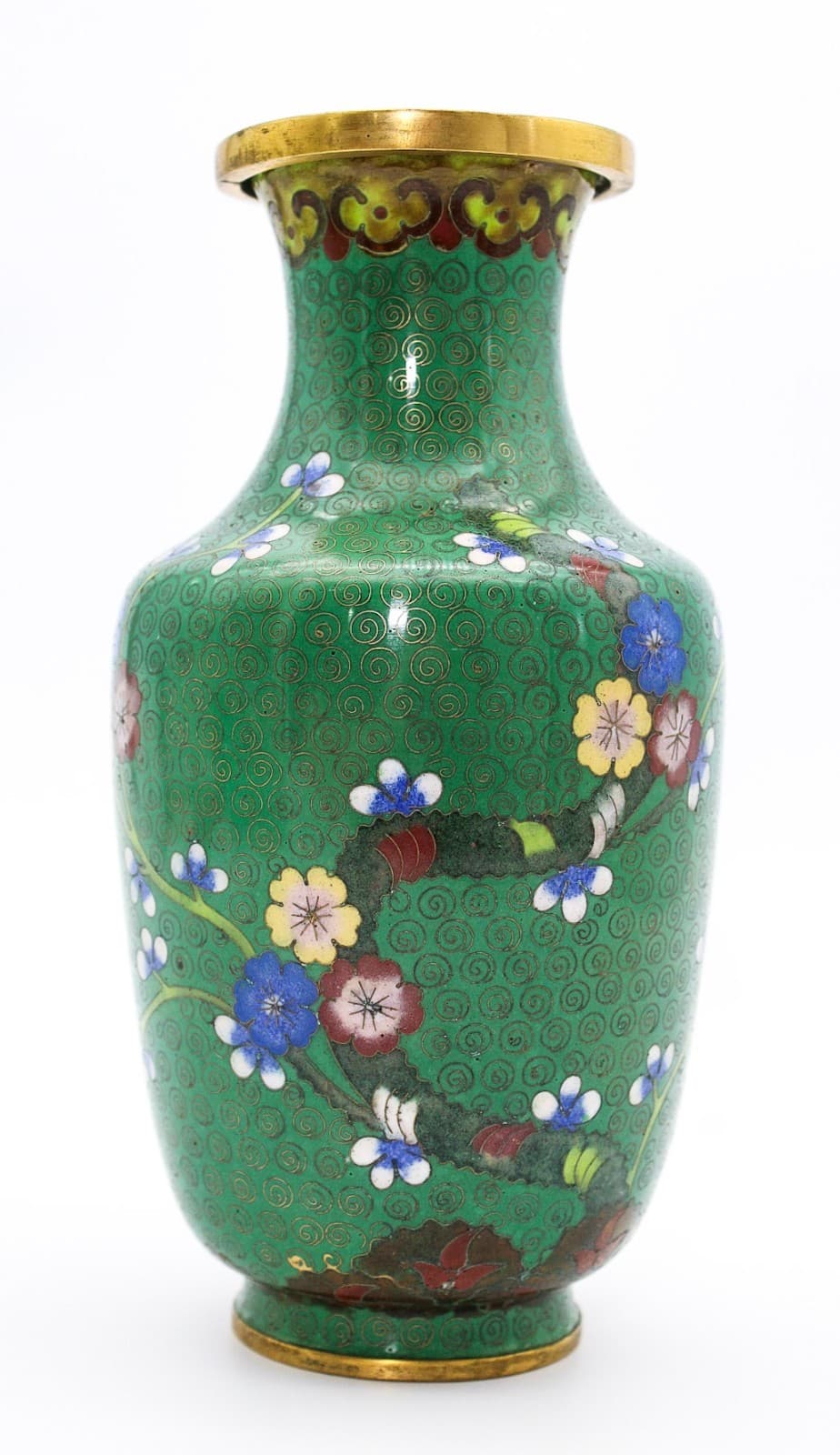 20th Century Chinese Cloisonne Enamel Green Cherry Blossom Motif Scrollwork Vase - Thumbnail 8