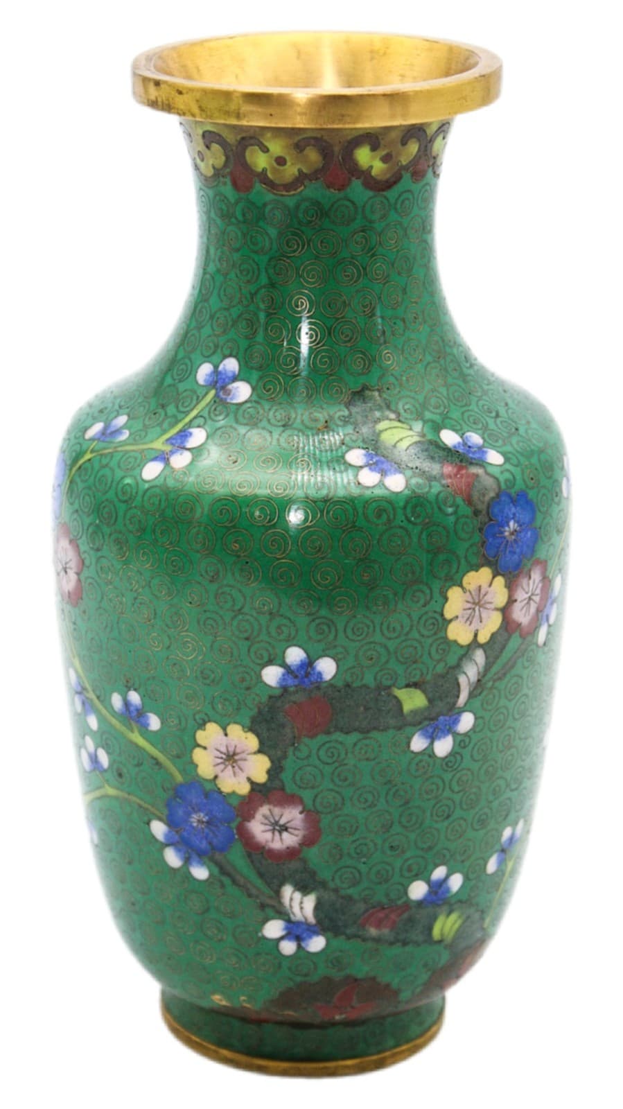 20th Century Chinese Cloisonne Enamel Green Cherry Blossom Motif Scrollwork Vase - Image 1