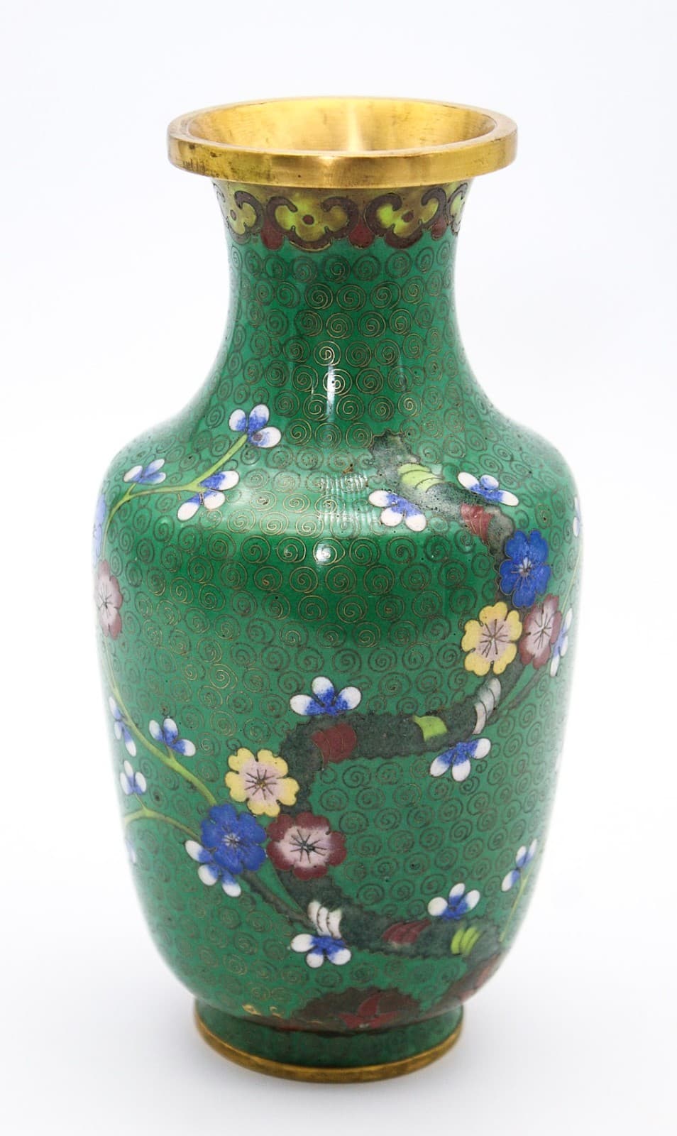 20th Century Chinese Cloisonne Enamel Green Cherry Blossom Motif Scrollwork Vase - Thumbnail 7