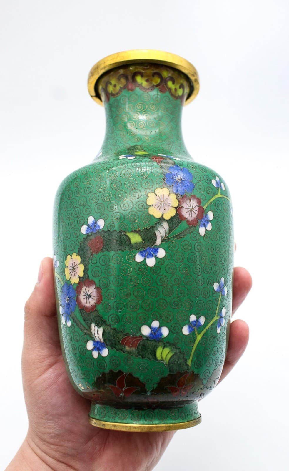 20th Century Chinese Cloisonne Enamel Green Cherry Blossom Motif Scrollwork Vase - Thumbnail 2