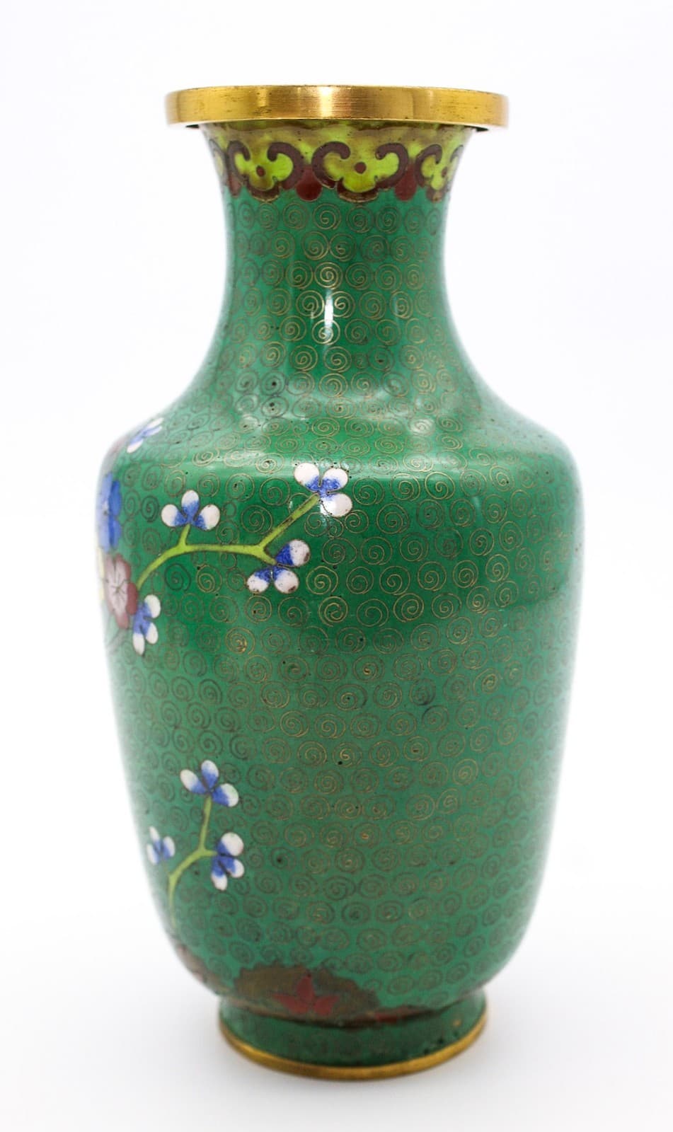 20th Century Chinese Cloisonne Enamel Green Cherry Blossom Motif Scrollwork Vase - Thumbnail 6