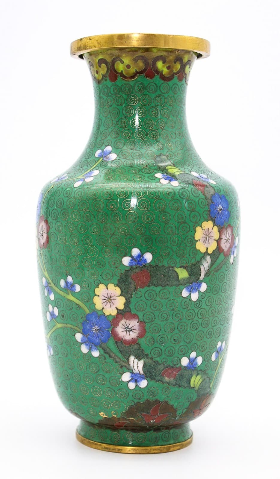 20th Century Chinese Cloisonne Enamel Green Cherry Blossom Motif Scrollwork Vase - Thumbnail 9