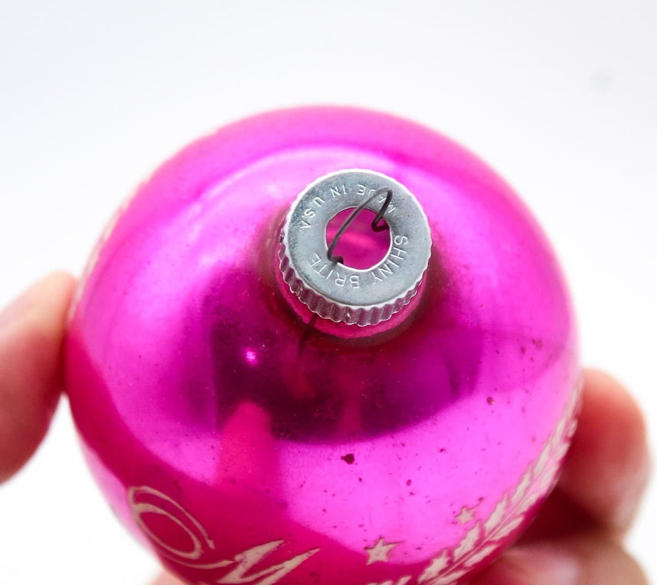 Shiny Brite Vintage Hot Pink Merry Christmas Stencil Glass Christmas Ornament - Thumbnail 4