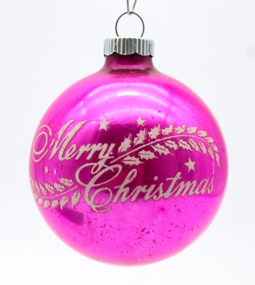Shiny Brite Vintage Hot Pink Merry Christmas Stencil Glass Christmas Ornament - Thumbnail 7