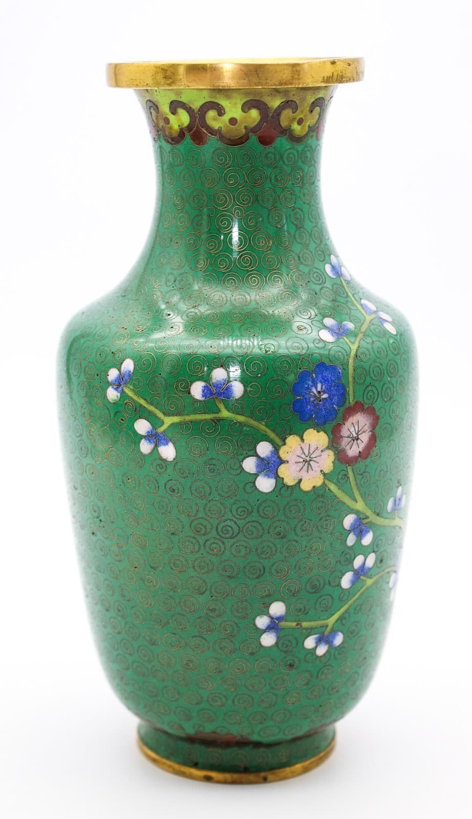 20th Century Chinese Cloisonne Enamel Green Cherry Blossom Motif Scrollwork Vase - Thumbnail 3