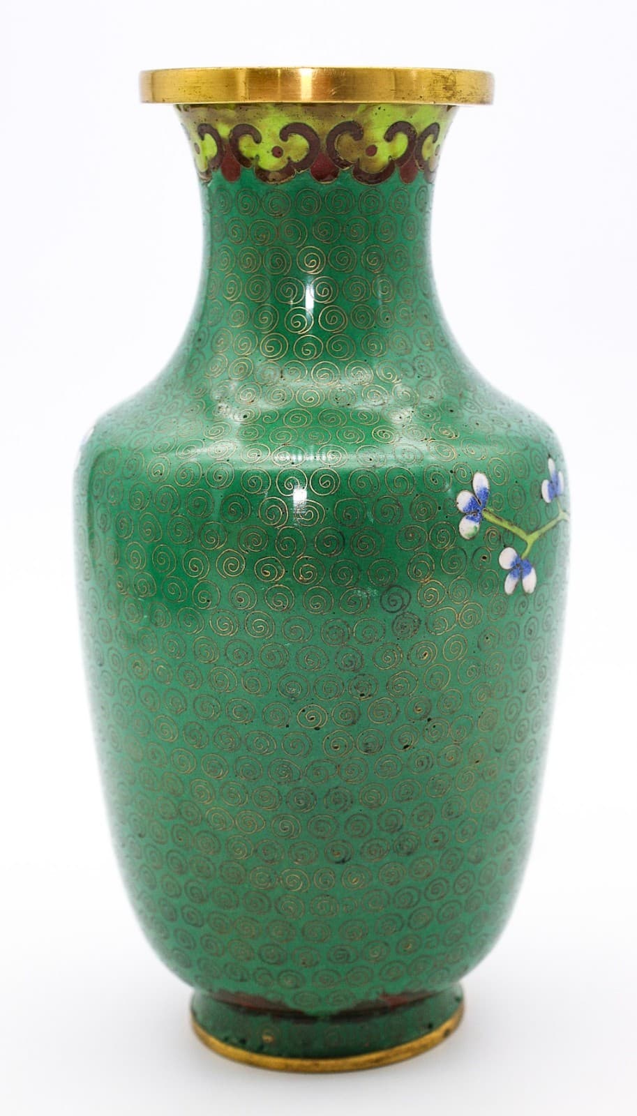 20th Century Chinese Cloisonne Enamel Green Cherry Blossom Motif Scrollwork Vase - Thumbnail 4