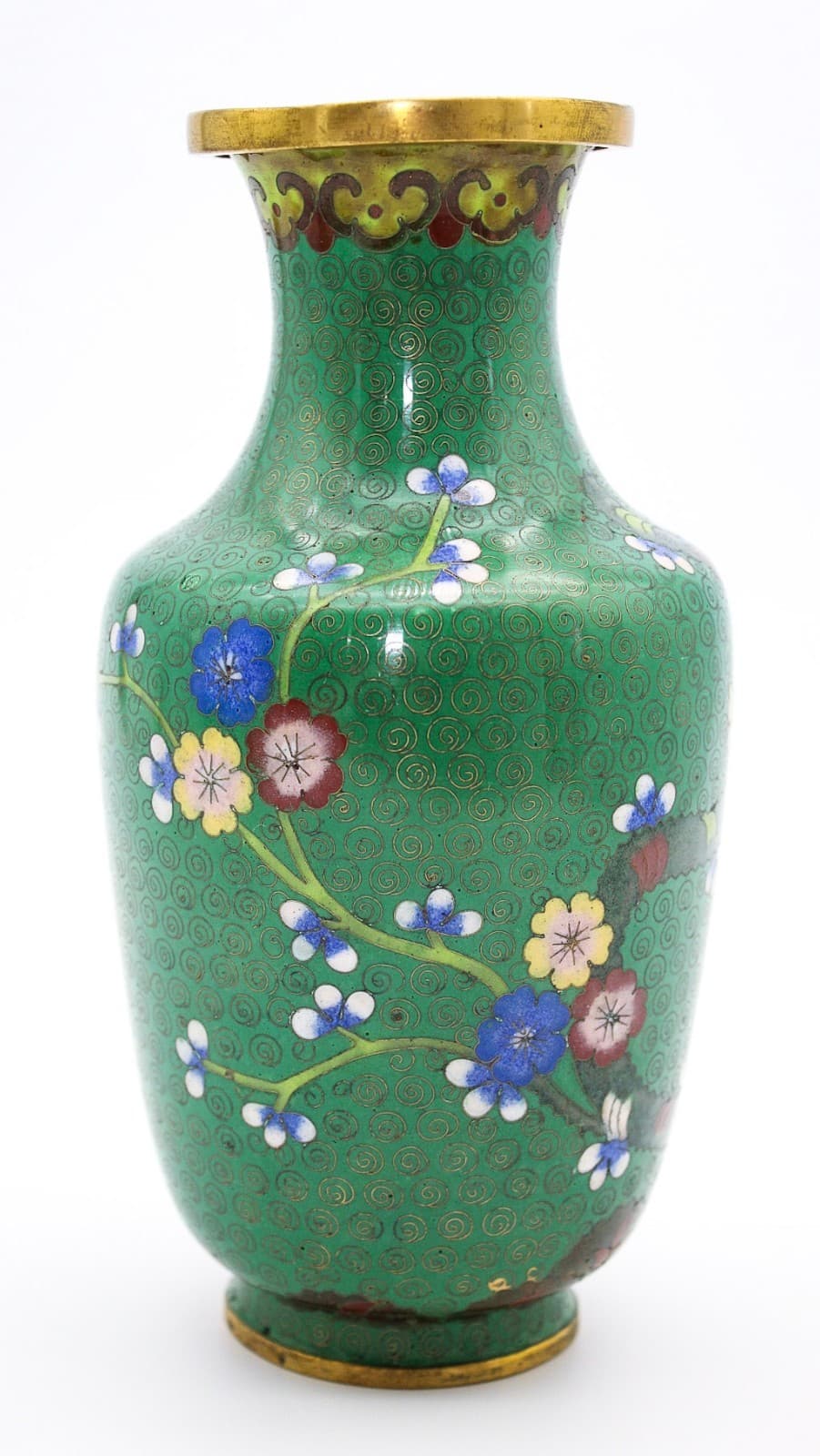 20th Century Chinese Cloisonne Enamel Green Cherry Blossom Motif Scrollwork Vase - Thumbnail 5