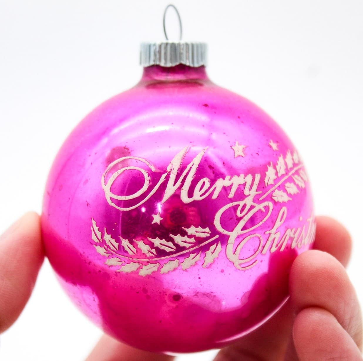 Shiny Brite Vintage Hot Pink Merry Christmas Stencil Glass Christmas Ornament - Thumbnail 5
