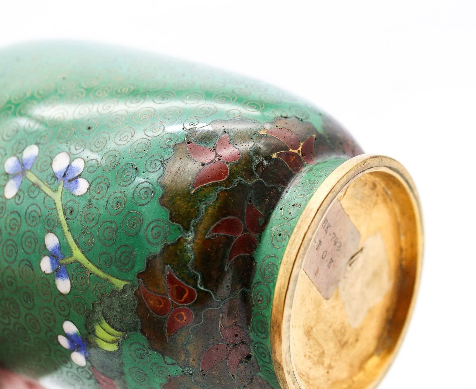 20th Century Chinese Cloisonne Enamel Green Cherry Blossom Motif Scrollwork Vase - Thumbnail 15