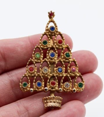 Vintage Gold Tone Multicolor Rhinestone Christmas Tree Motif Pin Brooch - Thumbnail 2