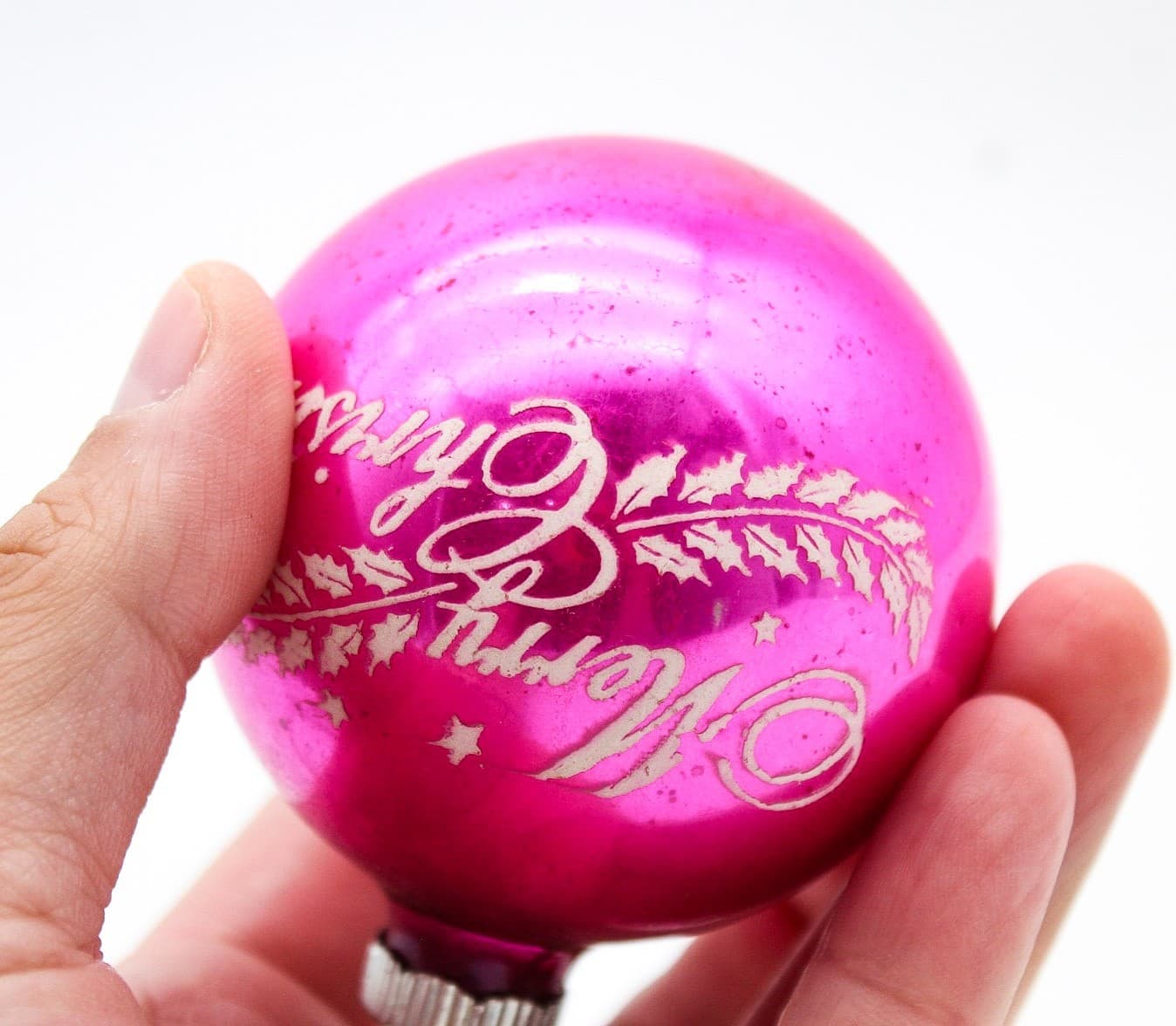 Shiny Brite Vintage Hot Pink Merry Christmas Stencil Glass Christmas Ornament - Thumbnail 3