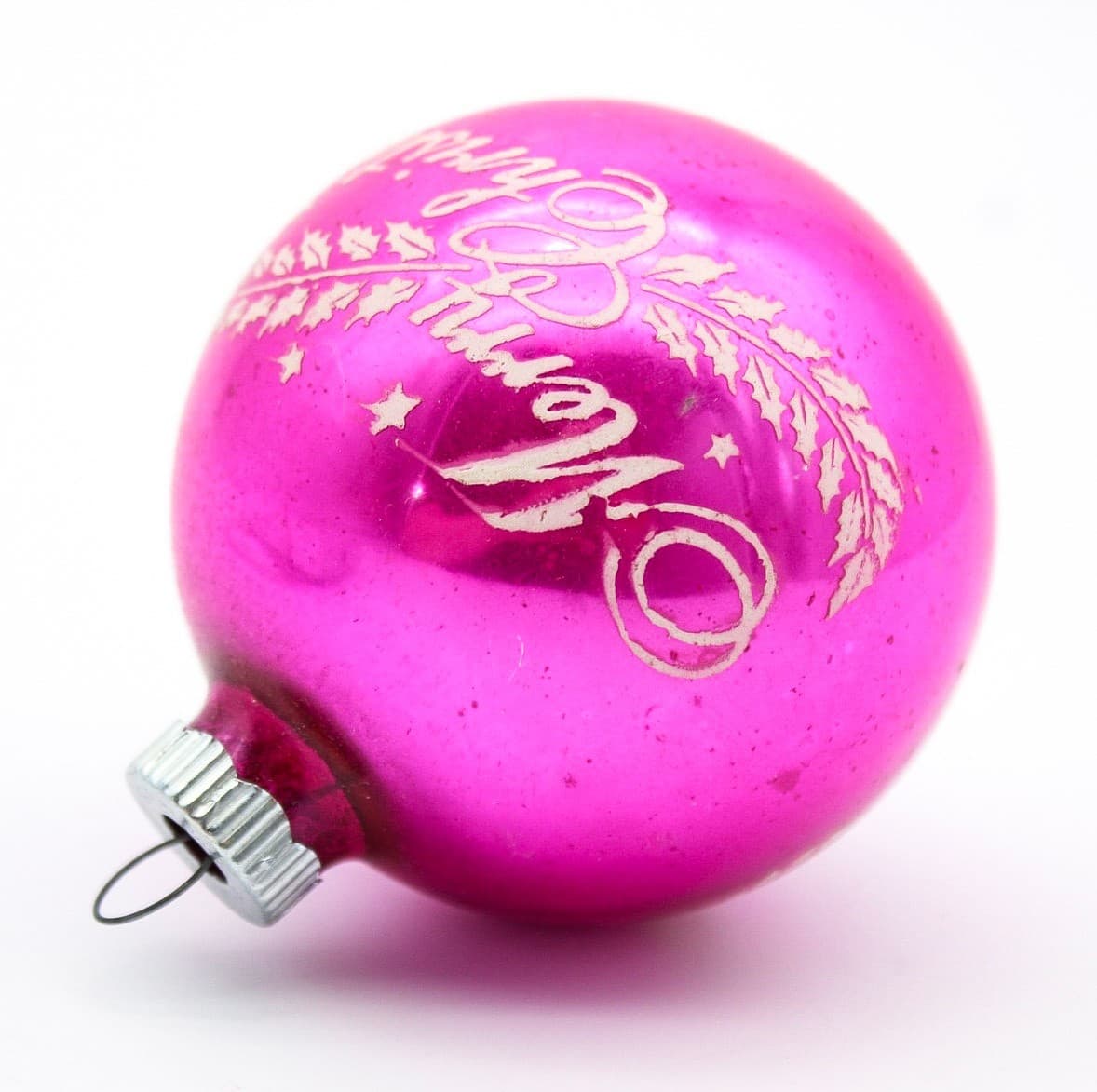 Shiny Brite Vintage Hot Pink Merry Christmas Stencil Glass Christmas Ornament - Thumbnail 2