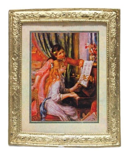 Vintage Artisan Dollhouse Miniature Wall Art "Two Young Girls at The Piano" 1:12 - Image 1