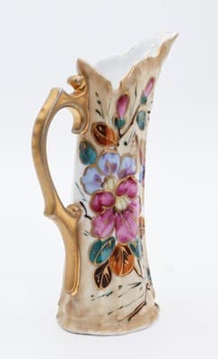 Antique Hand Painted Floral Gold Gilt Handled Porcelain Ewer Creamer Vase - Thumbnail 4