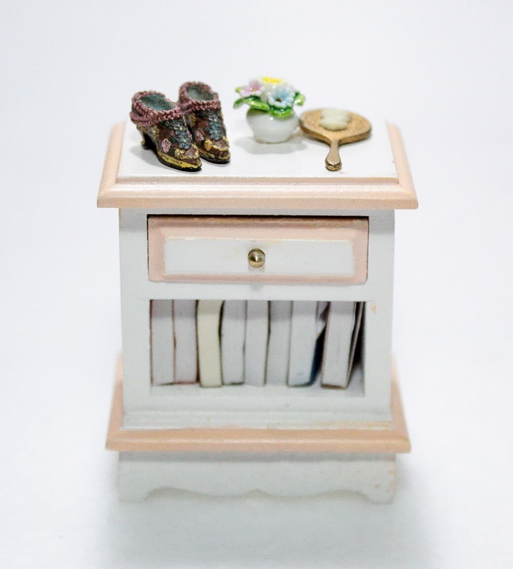 Vintage Miniature Dollhouse Bedside Cabinet Nightstand w/ Accessories - Thumbnail 6