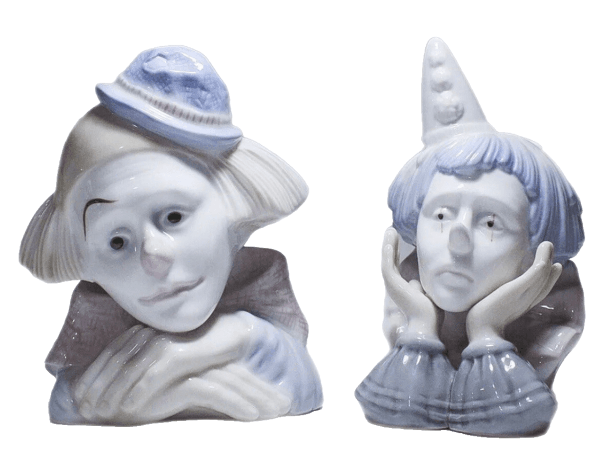 2 Vintage Hand Decorated Glazed Porcelain Circus Clown Bust Figurines - Image 1