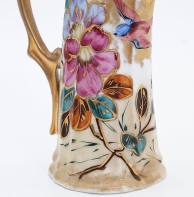 Antique Hand Painted Floral Gold Gilt Handled Porcelain Ewer Creamer Vase - Thumbnail 3