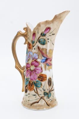 Antique Hand Painted Floral Gold Gilt Handled Porcelain Ewer Creamer Vase - Thumbnail 9