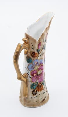Antique Hand Painted Floral Gold Gilt Handled Porcelain Ewer Creamer Vase - Thumbnail 7