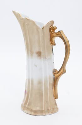 Antique Hand Painted Floral Gold Gilt Handled Porcelain Ewer Creamer Vase - Thumbnail 5