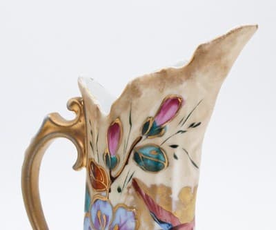 Antique Hand Painted Floral Gold Gilt Handled Porcelain Ewer Creamer Vase - Thumbnail 2