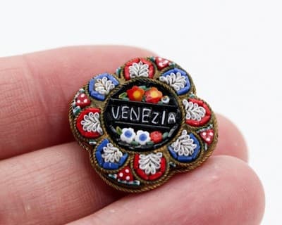 Antique Made In Italy Micro Mosaic Mukticolor VENEZIA Floral Pin Brooch - Thumbnail 3