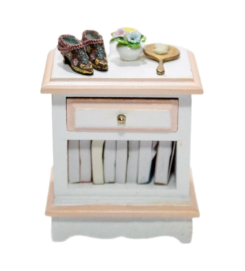 Vintage Miniature Dollhouse Bedside Cabinet Nightstand w/ Accessories - Image 1