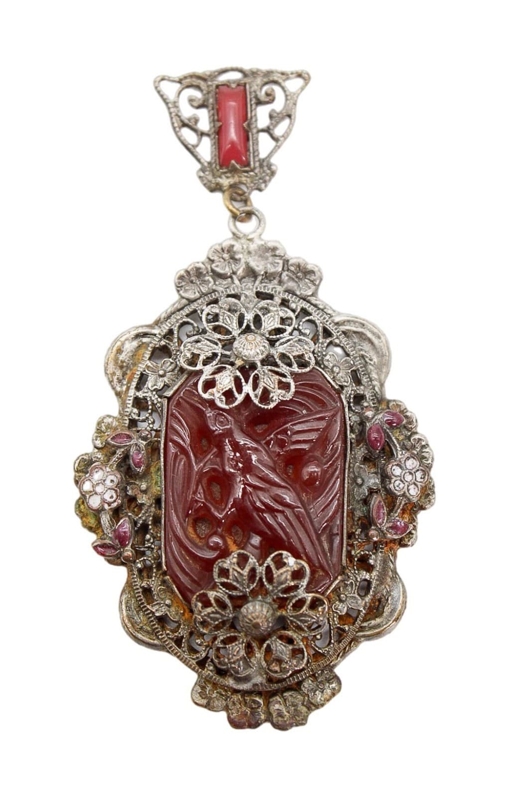Antique Hand Carved Bird Carnelian Stone Enamel Filigreed Pendant RARE - Image 1