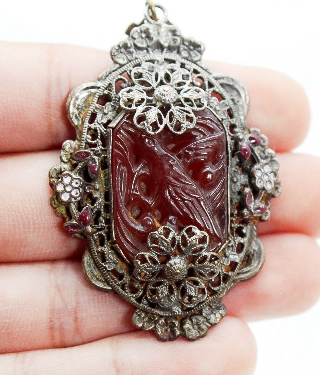 Antique Hand Carved Bird Carnelian Stone Enamel Filigreed Pendant RARE - Thumbnail 3
