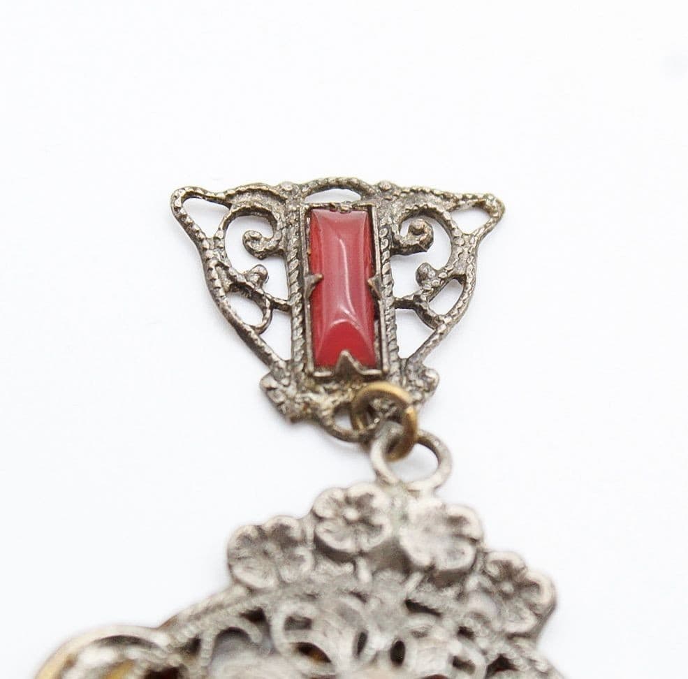Antique Hand Carved Bird Carnelian Stone Enamel Filigreed Pendant RARE - Thumbnail 4