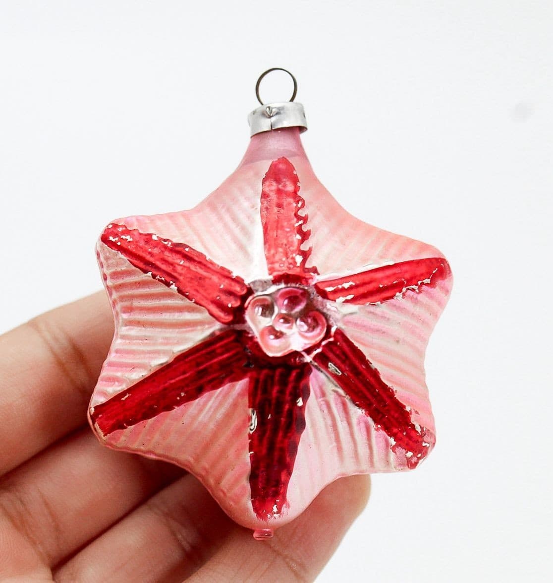 Vintage West Germany Hand Painted Indent Reflector Star Glass Christmas Ornament - Thumbnail 3