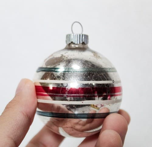 Shiny Brite Vintage Green White Red Stripe Silvered Glass Christmas Ornament - Thumbnail 3
