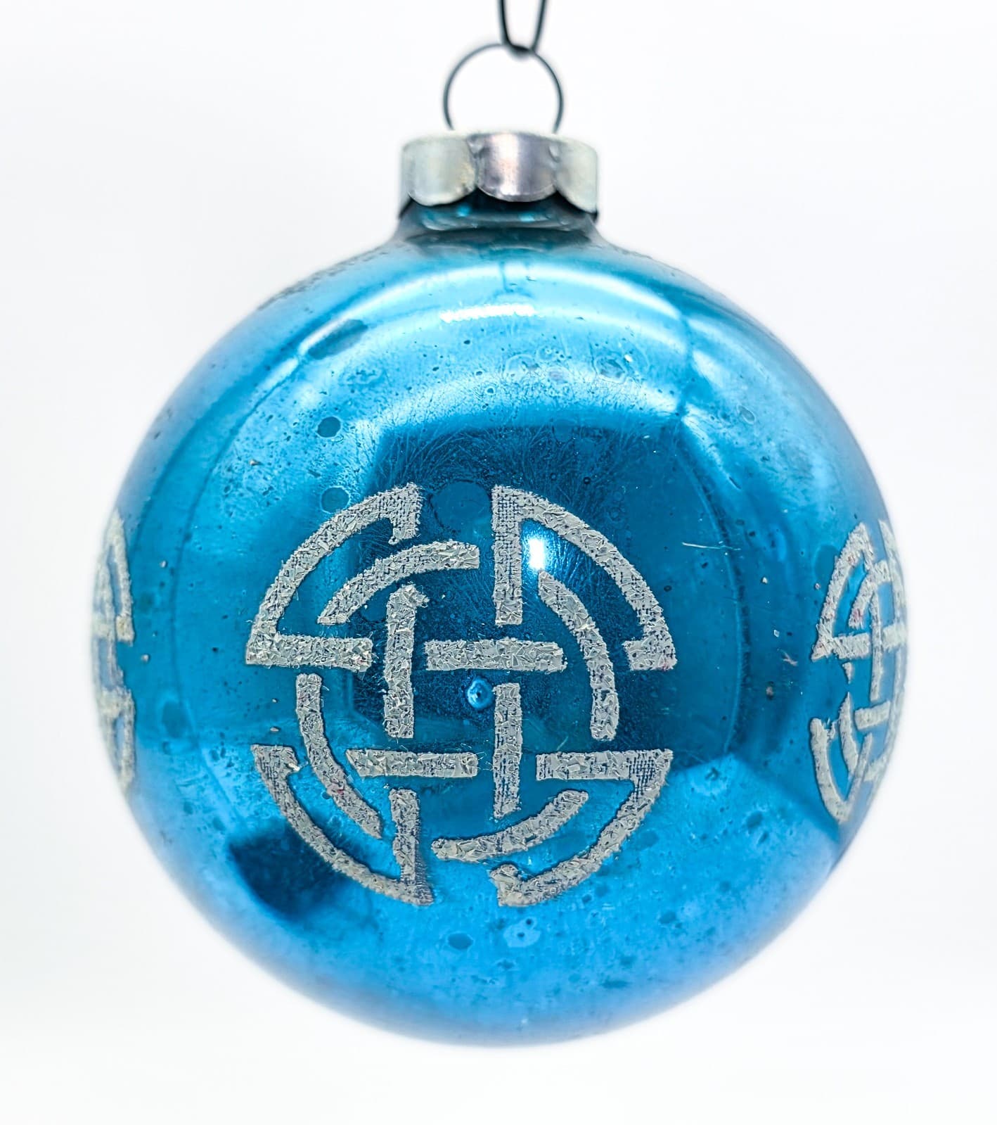 Shiny Brite Vintage Blue Stencil Celtic Knot Ball Glass Christmas Ornament - Thumbnail 2