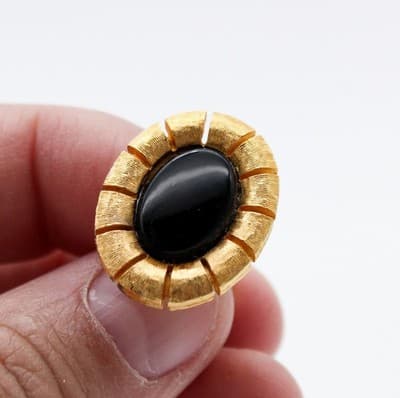Vintage Gold Tone Natural Black Onyx Oval Textured Men's Cufflinks - Thumbnail 3