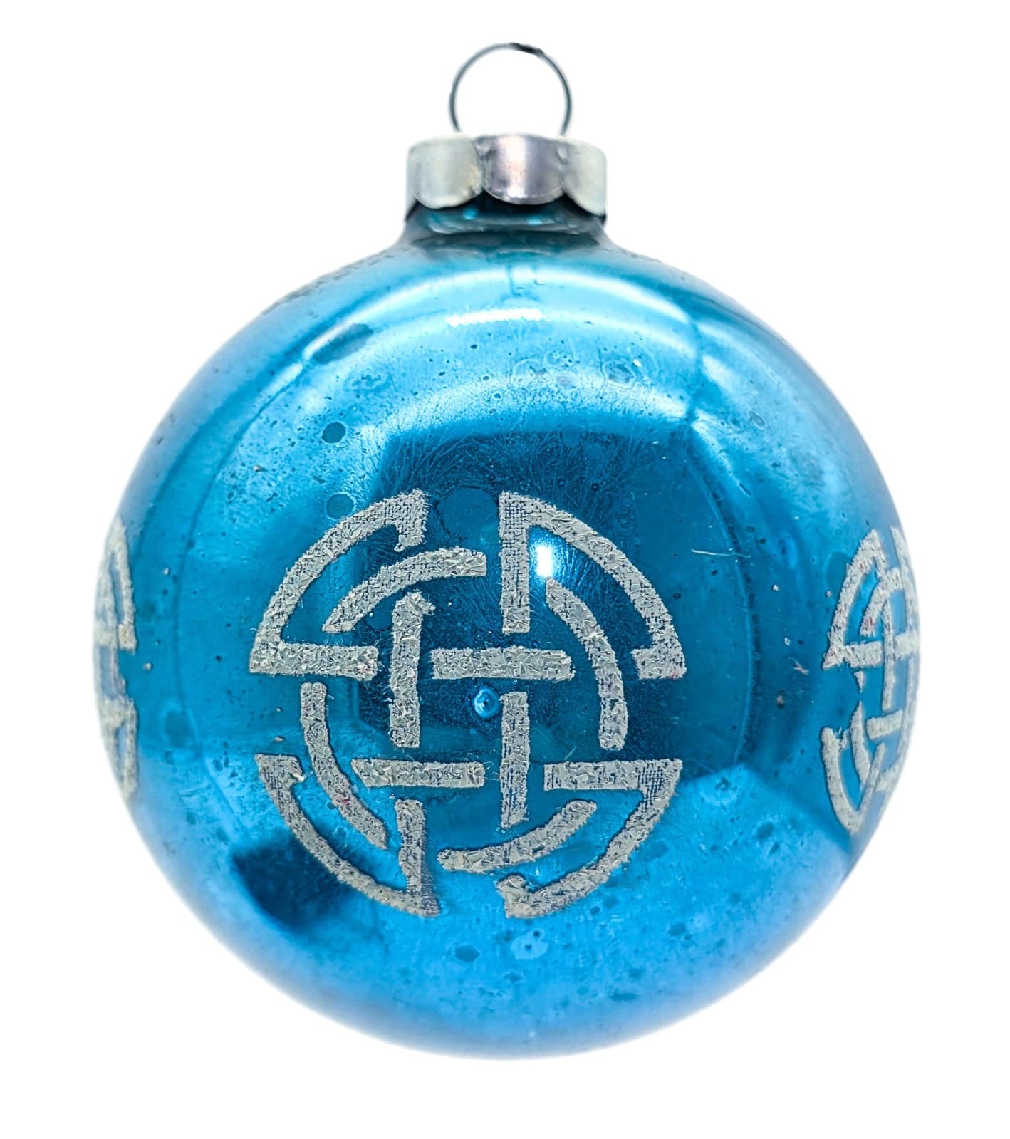 Shiny Brite Vintage Blue Stencil Celtic Knot Ball Glass Christmas Ornament - Image 1