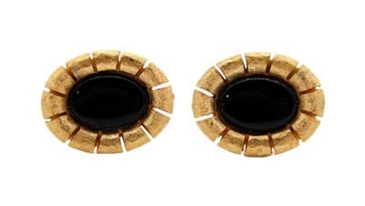 Vintage Gold Tone Natural Black Onyx Oval Textured Men's Cufflinks - Image 1