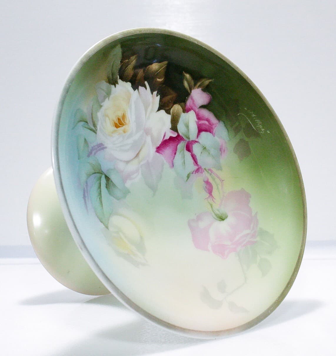 THOMAS Bavaria Hand Painted Floral Phillips Signed Pedestal Porcelain Dish - Thumbnail 3