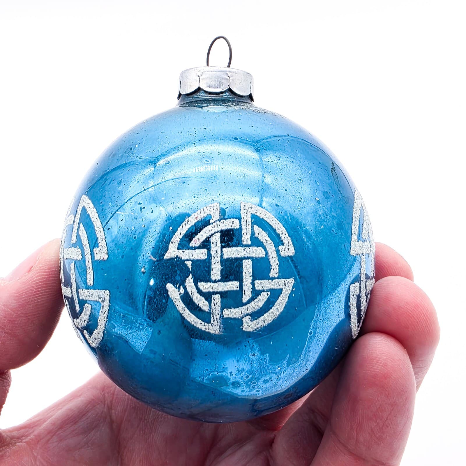 Shiny Brite Vintage Blue Stencil Celtic Knot Ball Glass Christmas Ornament - Thumbnail 4