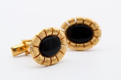 Vintage Gold Tone Natural Black Onyx Oval Textured Men's Cufflinks - Thumbnail 2