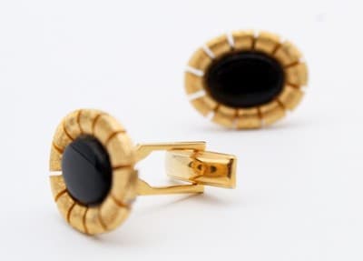 Vintage Gold Tone Natural Black Onyx Oval Textured Men's Cufflinks - Thumbnail 5