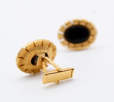 Vintage Gold Tone Natural Black Onyx Oval Textured Men's Cufflinks - Thumbnail 4