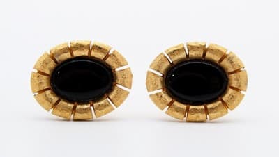 Vintage Gold Tone Natural Black Onyx Oval Textured Men's Cufflinks - Thumbnail 6